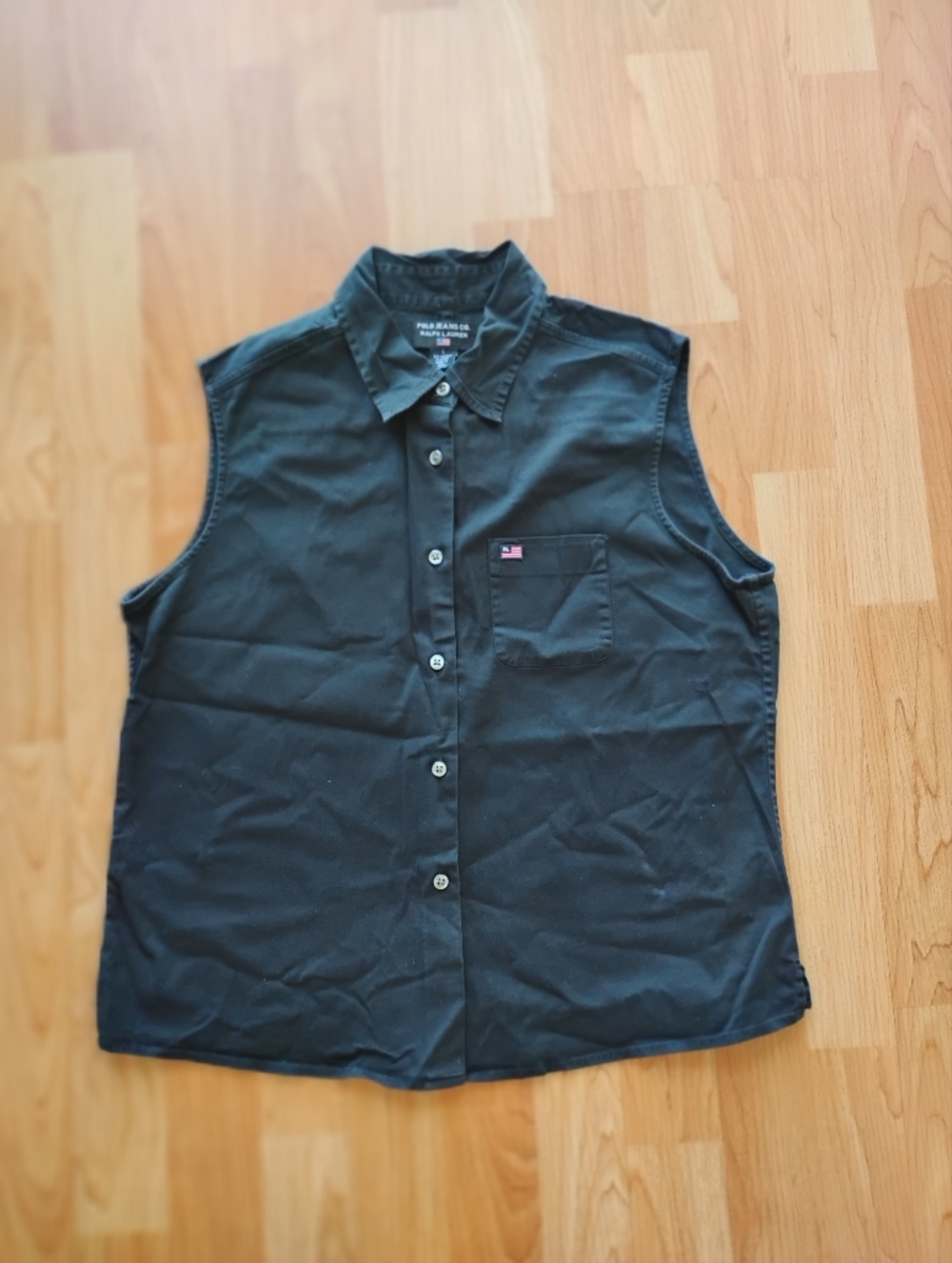 Ralph Lauren Black Sleeveless Button-Up Shirt - American Flag Pocket Detail